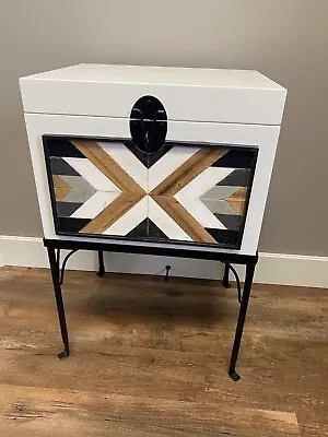 Boho Industrial Trunk Accent Storage Album Side Table White Black Iron Stand Art • $175