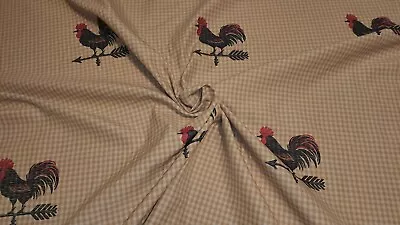 Vintage French Country Rooster Vane Tan & White Gingham Check Fabric Upholstery  • $29.99