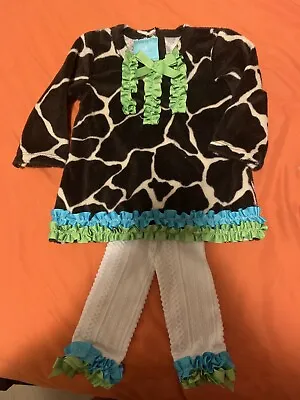 Mud Pie Furry Giraffe Print Ruffle Dress With Pants Baby Sz 0-6 MO Wild Child • $10