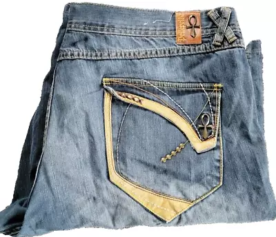 Vintage PELLE PELLE Jean Shorts Sz. 44 X 14 Ankh Leather Hip-Hop Marc Buchanan • $60