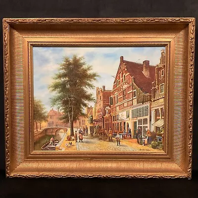 Vintage Framed Dutch Street Cityscape Oil On Canvas After Cornelis Springer • $325