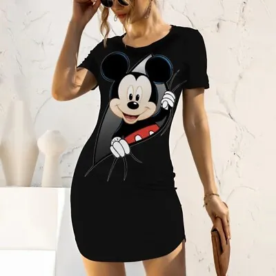 Mickey Minnie Mouse Motif Print Summer Short Sleeve Short Sexy Mini Slim Dress • $21.98
