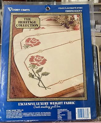 Vogart Crafts 4 Placemats Embroidery Kit Rose Trellis Stamped Cross Stitch 8738C • $12