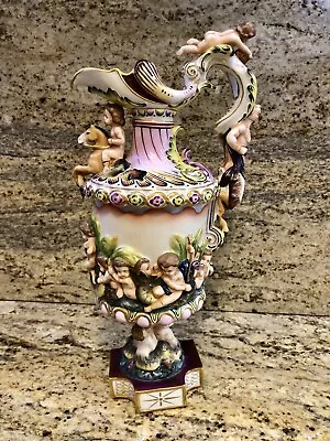 .Antique Cupid Vase Capodimonte Porcelain Urn . Handmade & Painted • $750