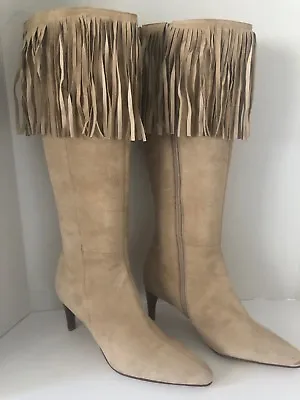 $25 • Buy Amanda Smith Christie Tan Suede Fringe Knee Boots Heels Shoes Size 8.5