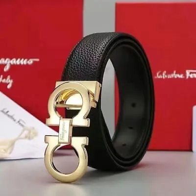 NEW Salvatore Ferragamo Men's Belt Stylish Gold Black Buckle Lychee Pattern~ • $32.55