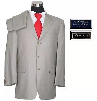 Canali Men's Beige NailHead Super 150's Wool Pleated Front Suit Size US 42L-IT52 • $95.55