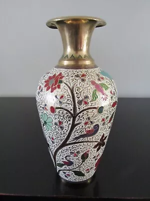 Vintage Asian Brass Enamel Cloisonne Vase ~ 8.5  Birds Flowers • $8