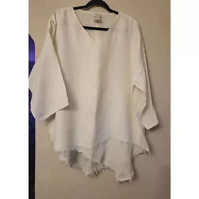 Matchpoint USA White 3/4 Sleeve 100% Raw Mesh Linen Tunic Top Women XL V Neck • $39