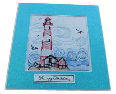 Complete Handmade Machine Embroidered Birthday Card Lighthouse Scene • £4