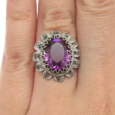 800 Silver Antique Art Deco Real Amethyst Filigree Bohemian Ring Size 6.25 • $39.95