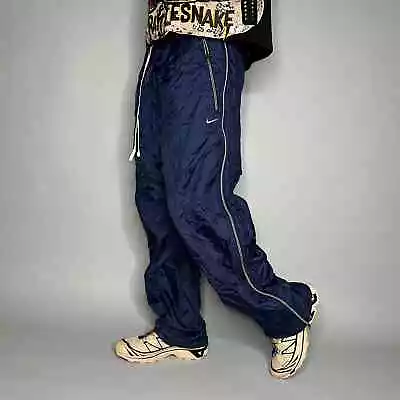 Vintage Nike Track Pants Mens L Navy Blue Nylon Sweatpants White Baggy 90s • $65