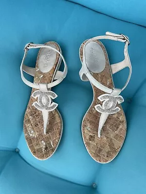 CHANEL Thong Sandals CC Logo EU 37.5 Ivory Pearl US 7.5 Free Shipping • $329