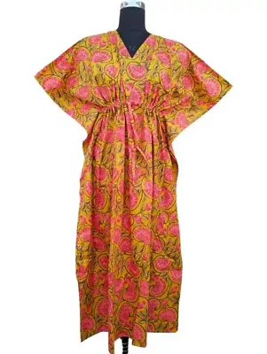 Indian Cotton Yellow Beautiful Floral Kaftan Dress Women Clothing Kaftan Dresses • $33.75