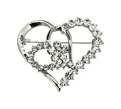 Silver Heart Flower Crystal Brooch Pin Women Dress Gift Wedding Bridal Jewelry • £7.99