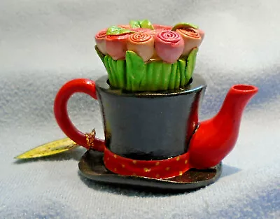 Khien Miniature Ceramic Black Flower Top Hat Teapot & Red Spout/handle Nwt Hm-9 • $4.99