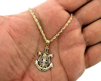 Mens 10K Gold Jesus Anchor Cross Charm Pendant With 2.5mm Rope Chain Necklace • $289.99