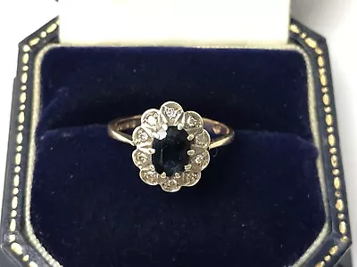 1976 Sapphire And Diamond 9ct Gold Cluster Vintage Ring - Size M 1/2 • $871.13