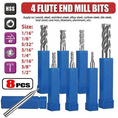 8x Solid Mill End Cutter Drill Bit Set 4 Flute HSS Slot Milling Tool 1/16 -1/2  • $15.98