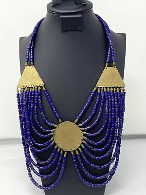 Vintage African Cobalt Blue Beaded Brass Necklace Bohemian • $45