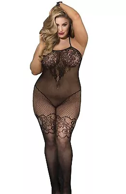 Lace Tribal See Through Fishnet Open Front Bodystocking  Size UK12-18 Black • £14.99