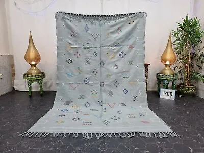 Moroccan Handmade Cactus Silk Rug 5'x7'4'' Sabra Geometric Gray Red Carpet  • $393