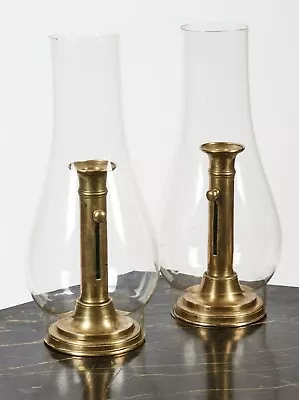 Pr 19th C. Heavy Spun Brass Push-up Candlesticks With Hurricane Shades • $10