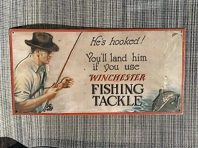 Vintage WINCHESTER  Fishing Tackle ADVERTISEMENT SIGN “ He’s Hooked!” * Aluminum • $17.99