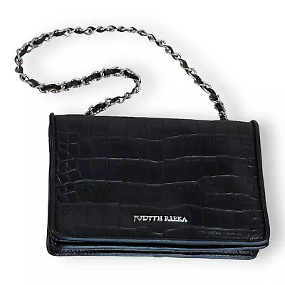 Judith Ripka Black Embossed Leather Clutch Evening Bag Purse Silver Chain Strap • $62.30