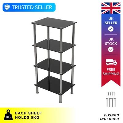 £44.99 • Buy Black Glass 4 Tier Wide Shelving Unit Shelf Storage Cabinet Metal Chrome Legs