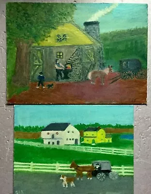 2 Great Vintage Farm & Blacksmith Primitive Oil Paintings Grandma Moses Style. • $59.99