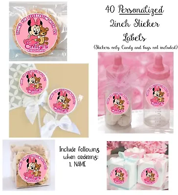 40 Baby Minnie Mouse Shower Personalize STICKERS For Lollipops Goody Bags Favors • $10.99