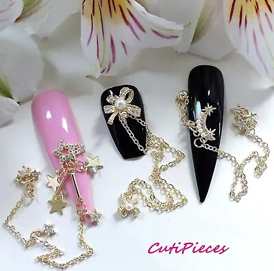 Nail Art Pearl Rhinestone Gold Chain Stars Bows Moon Dangle Charms Jewel Alloys • £3.85