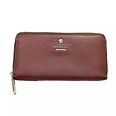 Nice MODALU  Plum Leather Embossed Pippa Bag Purse Wallet  Zip Around England * • $26.99