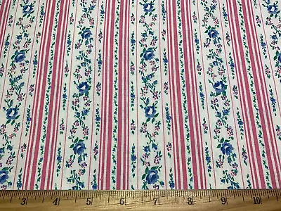 Vintage Cotton Fabric Pillow Ticking Pink & Blue Roses Floral Stripes 29 W 1yd • $9.99