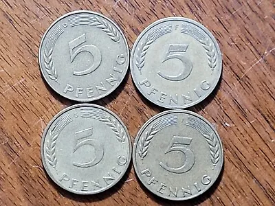 Germany (FRG) 5 Pfennig Coins 1950 DFGJ Set. KM# 107 Brass-clad-steel. Oak. • $0.90