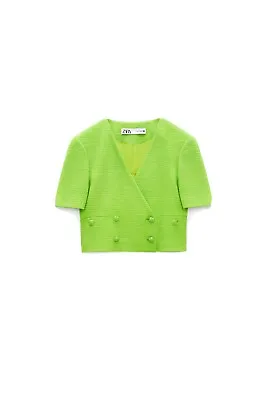 ZARA TEXTURED CROPPED BLAZER SIZE S NEON GREEN REF 3066/811 Double Breasted NWT • £14.99