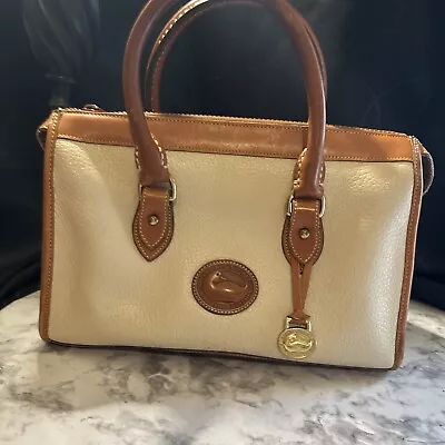 Vintage 1980's Dooney & Bourke All Weather Leather White Brown Satchel Handbag • $35