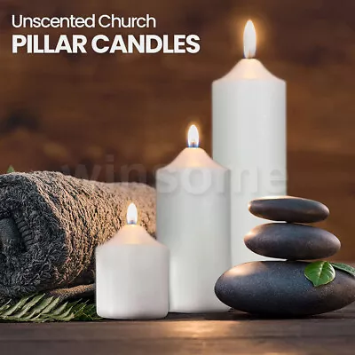 £6.29 • Buy Unscented Pillar Candles Large Round Long Burn Time Wax Church Candle Decor