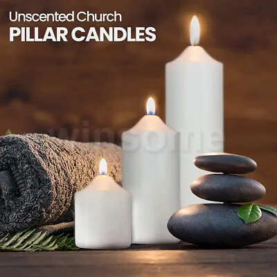 Unscented Pillar Candles Large Round Long Burn Time Wax Church Candle Decor • £6.87