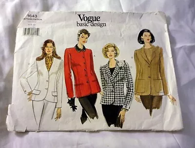 Vogue Basic Design Pattern 1643 ~ Misses Jacket ~ Sizes 6 - 8 - 10 *uncut • $11