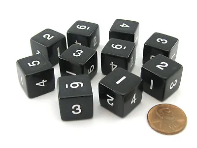 Set Of 10 D6 Six-Sided 16mm Opaque Numbered Dice - Black With White Numbers • $6.29