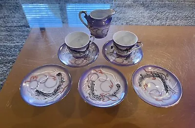 Lot 8 Pc Moriage Dragonware Creamer Blue Purple Saucers Cup Set Textured • $29