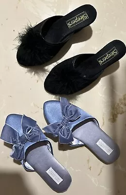 Two Pair Slippers Sze 6 Sleepers Black Boa Mule & Zara Blue Velvety Slippers • $18.75