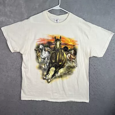 Vintage 90s Wild Horse Animal Running T Shirt Adult XL White Mens • $19.99
