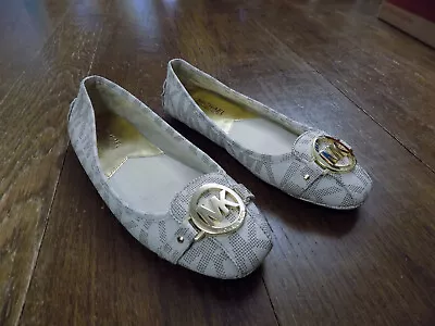 Michael Kors Fulton Moccasin Ballet Flats Metal MK Signature Logo Vanilla Sz 6.5 • $49.99