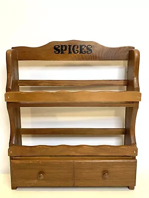 Vintage Wood Spice Rack 2 Tier Shelf Drawer Spell Out SPICES 12 Jars Flaw • $22.50