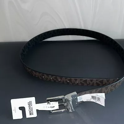 Michael Kors Reversible Belt MK Logo Signature Belt Brown Black Chrome Buckle LG • $60