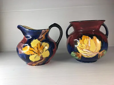  H & K Tunstall  Yellow Laburnum  Creamer +  Autumn Leave  Vase In Cobalt Blue  • $55