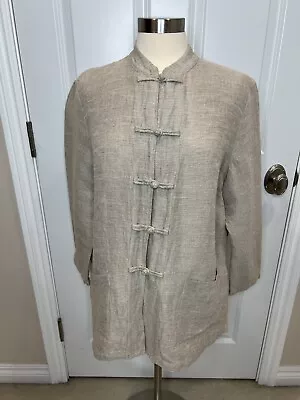 Eileen Fisher NY Sz M Beige Slub Linen Blend Lightweight Frog Knot  Asian Jacket • £30.40